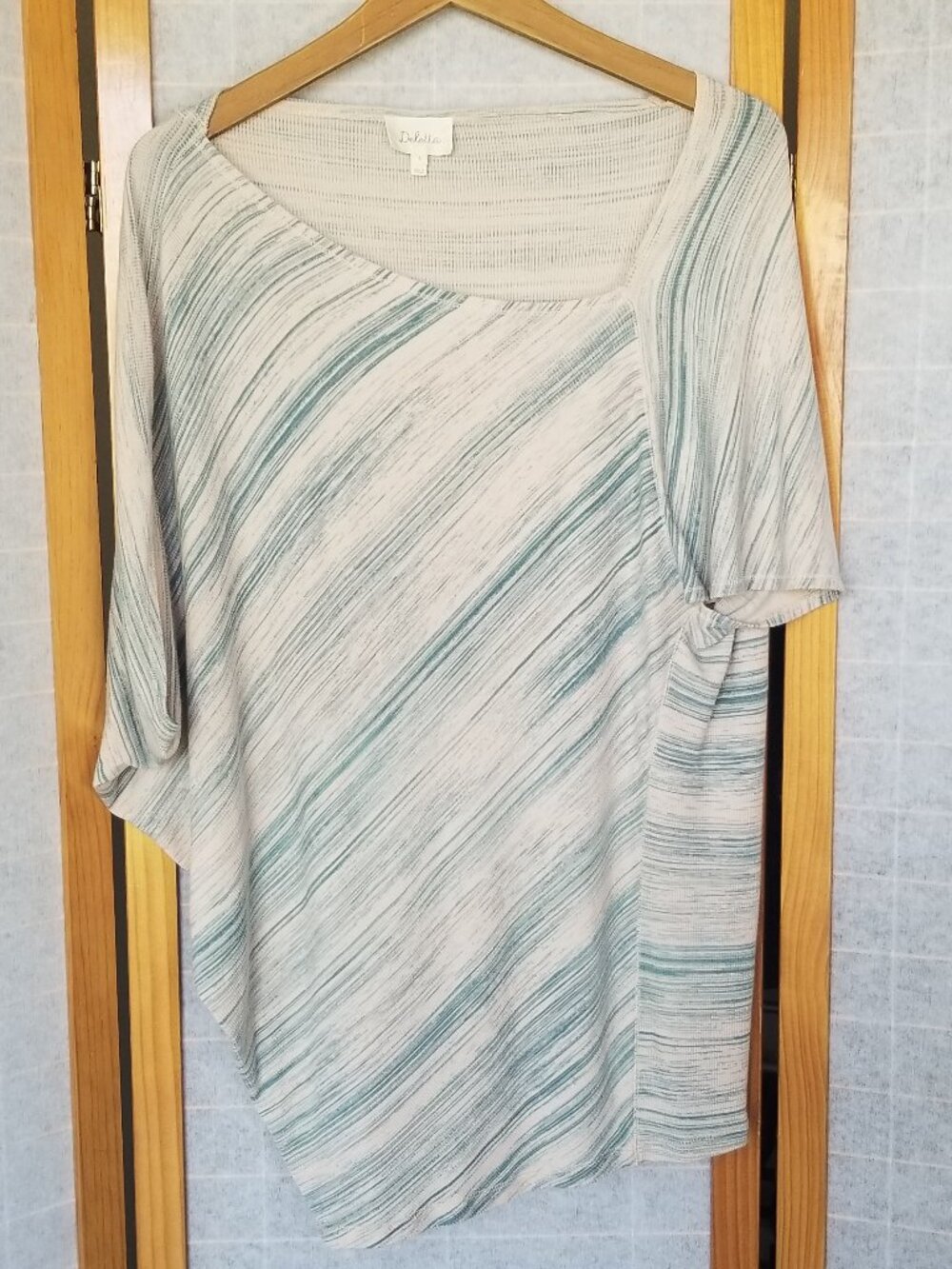 Anthropologie Asymmetrical Stretch Jersey Top Deletta Size Large Blue Cream